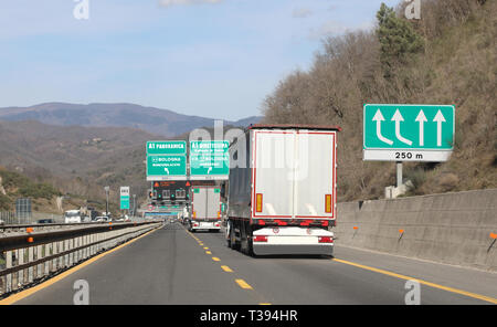 road junction with two ways to Florence in Italy. The panoramic road or the speed way called Direttissima in italian language Stock Photo