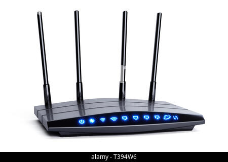 3d modern wireless wi-fi black router with four antennas and blue indicators isolated on white. High speed internet connection, firewall computer netw Stock Photo