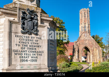 War memorial in King's Lynn with Greyfriars Tower in background. Stock Photo