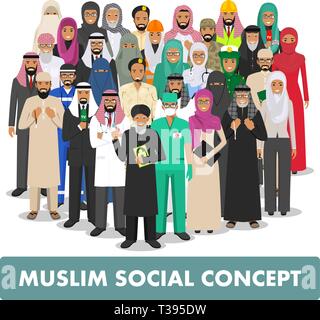 Social concept. Group muslim arabic people professions occupation standing together in different suit and traditional clothes on white background in Stock Vector