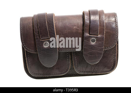 Brown leather bag on a white background, for storing money and other small documents Stock Photo