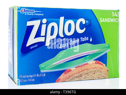 Winneconne, WI -  7 April 2019: A package of Ziploc brand bags double zipper with easy opne tabs in sandiwch size on an isolated background Stock Photo