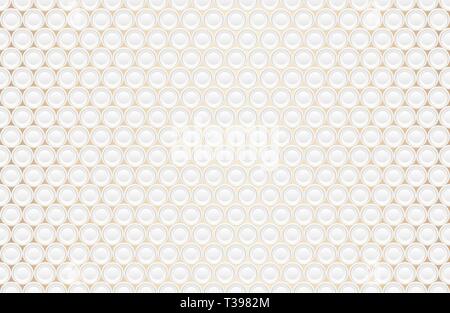 Abstract embossing volume white texture, vector seamless pattern. Depressed round shape background, 3d geometric pattern. Round dot with golden ring Stock Vector