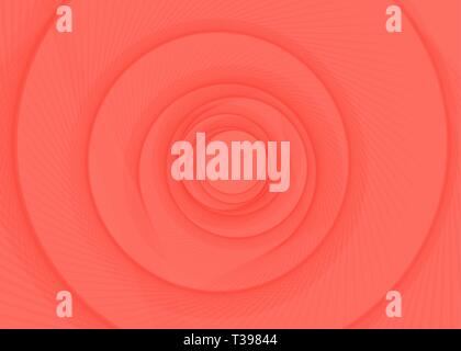 Vector striped spiral abstract tunnel red coral background. Spiral funnel. Living coral color twisted center. Exciting gently harnesses Stock Vector