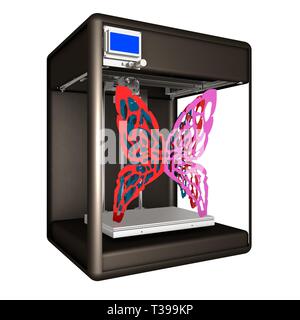 3d printer during work on the new butterfly design. 3d illustration Stock Photo