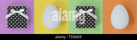 Easter eggs and gift boxes on a multicoloured square background, banner Stock Photo