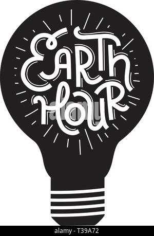 Earth hour hand written lettering inscription on silhouette of lamp. Black background, one color. Stock Vector
