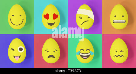 Easter emoji eggs on a colourful background of squares Stock Photo