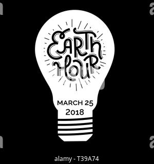 Earth hour hand written lettering inscription on silhouette of lamp. Black background, one color. Stock Vector