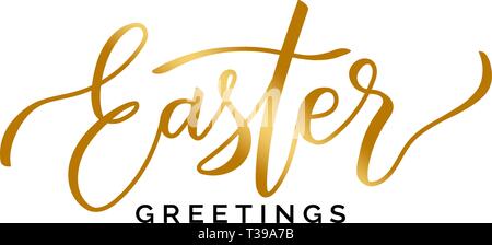 Easter greetings lettering in gold. Hand written calligraphy inscription with 'Happy Easter' text. Easter brush lettering in gold and black colors, ou