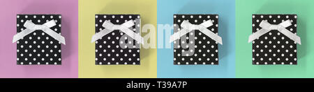 Gift boxes on a pastel multicolor square background, banner Stock Photo