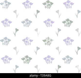Seamless vector Crocus background. Colored small group of crocus flowers on white background. Suitable as backdrop pattern on greetings cards, posters Stock Vector