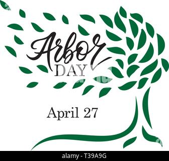 "Arbor day" words in a tree. Hand-writing, lettering, typography, calligraphy. One color dark-green, with light gray shadow. For poster, banner, card. Stock Vector