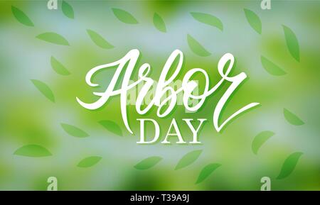 "Arbor day" words in a tree. Hand-writing, lettering, typography, calligraphy. One color dark-green, with light gray shadow. For poster, banner, card. Stock Vector