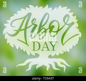 'Arbor day' words in a tree. Hand-writing, lettering, typography, calligraphy. One color dark-green, with light gray shadow. For poster, banner, card. Stock Vector