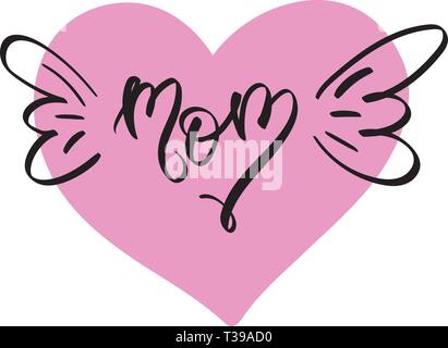 Mother's day card. Best Mom, thank you. Pink hand drawn brush heart with text. Romantic vector illustration. Vector card, badge for Mother's day. Love Stock Vector