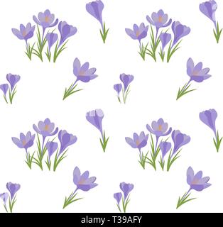 Seamless vector Crocus background. Colored small group of crocus flowers on white background. Suitable as backdrop pattern on greetings cards, posters Stock Vector