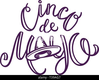 Cinco de Mayo. Hand drawn lettering phrase isolated on white background. Design element for poster, greeting card. Vector illustration in one color Stock Vector