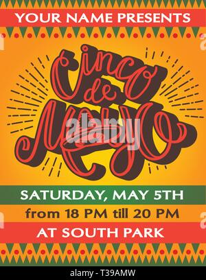 Cinco De Mayo poster template with hand drawn lettering, typography with sombrero and text space. Vector. Stock Vector