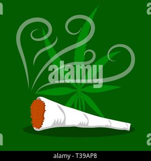 Green Cannabis Leaf. Drug Consumption, Marijuana Use. Burning Joint Stock Vector