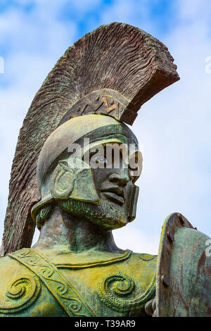 Close-up portrait, statue of Leonidas, King of Sparta, Peloponnese, Greece Stock Photo