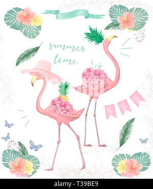 Couple Pink Flamingos Watercolor Cute Two Pink Flamingo Tropical Print For Invitation Birthday Celebration Greeting Card Summer Illustration Stock Photo Alamy