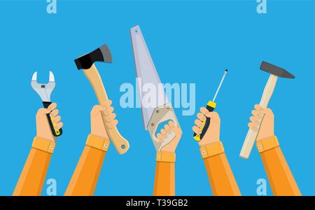 hands of workers holding building tools, ax, hammer, wrench, screwdriver, saw. manual workers protest. vector illustration in flat design Stock Vector
