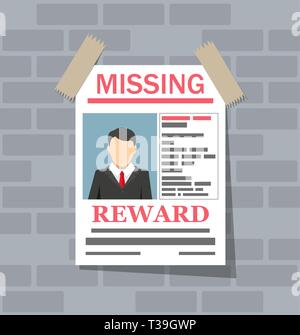 Wanted man paper poster. Missing announce on brick wall. vector illustration in flat style Stock Vector