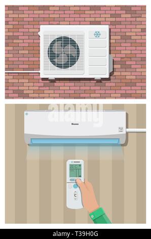 Air conditioner system. hand with remote control, internal and external units on wall. vector illustration in flat style Stock Vector