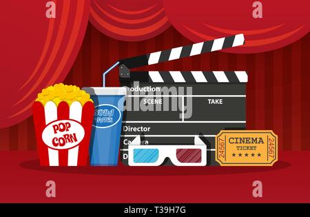Retro movie set. Black clapperboard, box with popcorn, soda water glass, 3d glasses. ticket. vector illustration in flat style Stock Vector