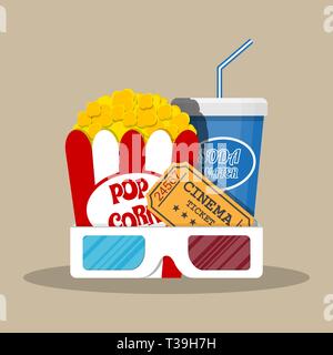 Retro movie set. box with popcorn, soda water glass, 3d glasses. ticket. vector illustration in flat style on brown background Stock Vector