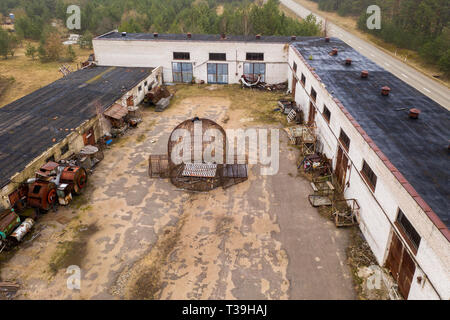 Drone view of old abandoned factory in rural landscape. Drone photography. Stock Photo