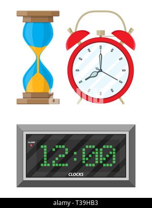 Clocks set. hourglass, analog and digital clock. vector illustration in flat style Stock Vector