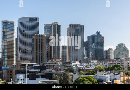 Sydney, Australia - February 12, 2019: Skyline of The Rocks with highrises west of Circular Bay featuring hotels such as Shangri-la and Four Seasons.  Stock Photo