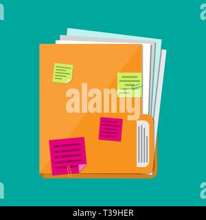 Orange documents folder with paper sheets and sticky notes. Vector illustration in flat style Stock Vector