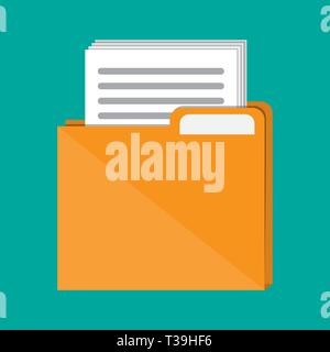 Orange documents folder with paper sheets. Vector illustration in flat style Stock Vector