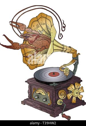 Grotesque vintage steampunk style gramophone with lobster crawling out of it. Hand drawn psychedelic fantasy illustration. Music festival, band poster Stock Vector