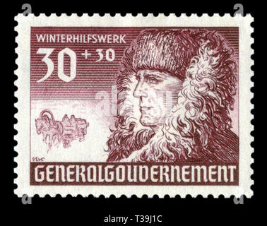 German historical stamp: portrait of a man in a fur coat, a sleigh pulled by a horse. Series 'Winter Welfare' issue 1940, Polish Governor-General Stock Photo