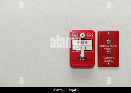 Fire alarm system. Pull danger fire safety box. Break red alarm equipment detector safe detector Stock Photo