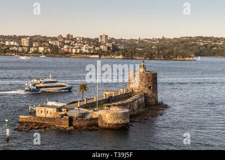 Sydney, Australia - February 12, 2019: Historic Denison Firt on Pinchgut Island in bay under an evening twilight sky. Stock Photo