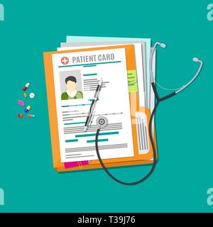 Folder woth documents, stethoscope, pills, pen. patient card. medical report. analysis or prescription concept. vector illustration in flat style Stock Vector