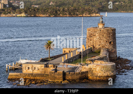 Sydney, Australia - February 12, 2019: Closeup of Historic Denison Firt on Pinchgut Island in bay under an evening twilight sky. Stock Photo