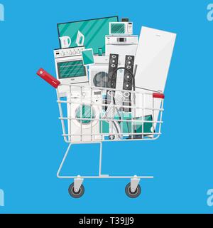 Household devices in shopping cart. electronics stores sale. vector illustration in flat style Stock Vector
