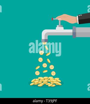 Golden coins fall out of the metal tap. Vector illustration in flat style on green background Stock Vector