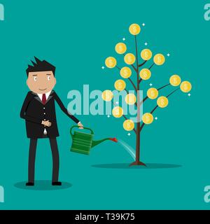 Businessman hand watering money coin tree with can. growth, investment concept. vector illustration in flat style Stock Vector