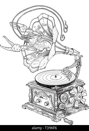 Grotesque vintage steampunk gramophone with lobster crawling out of it. Hand drawn psychedelic fantasy ink illustration isolated on white. Music festi Stock Vector