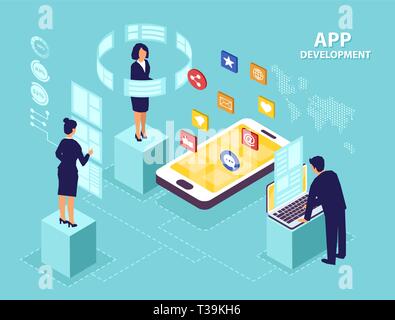 Application development concept. Isometric vector of business people software engineers developing new mobile apps. Stock Vector