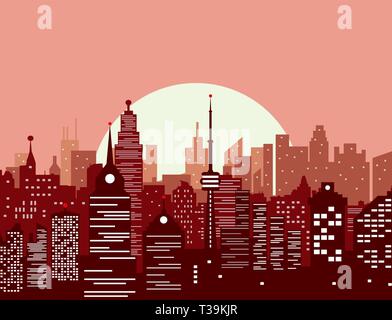 City skyline silhouette at sunset. skyscappers, towers, office and residental buildings. vector illustration Stock Vector