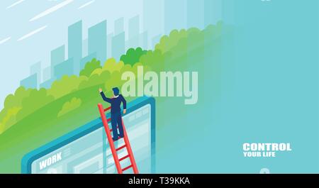 Control your life concept. Vector of a businessman climbing up a ladder to get a different perspective of his life Stock Vector