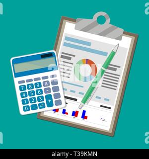 Spreadsheet concept. clipboard with financial reports, calculator and pen. vector illustration in flat design Stock Vector